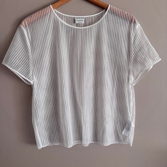 Aritzia Babaton White Sheer Stripe Mesh Short Sleeve TShirt Top Size Medium - Picture 1 of 5